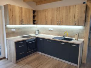 a kitchen with wooden cabinets and a sink at Chalupa pod Bínovem in Smržovka