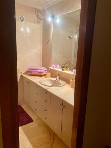 een badkamer met een wastafel en een grote spiegel bij Els Marges in Sant Joan de les Abadesses