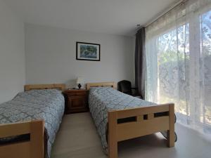 a bedroom with two beds and a large window at agro NOCLEGI in Nagawczyna