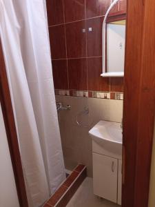 a bathroom with a shower curtain and a sink at MonteCasa in Vrnjačka Banja +23 photos