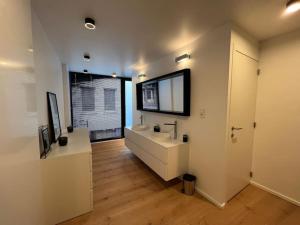 Un baño con un lavabo y un espejo en la pared. en Triplex d'architecte en hypercentre, en Lieja