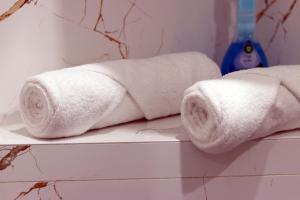 two rolls of toilet paper on a shelf in a bathroom at Apartamenty w pełni wyposażone w CENTRUM MIASTA in Inowrocław +53 photos