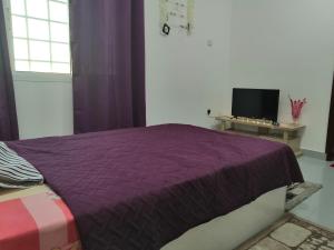 Muscat Homestay & Hospitality في مسقط: غرفة نوم بسرير ارجواني وتلفزيون