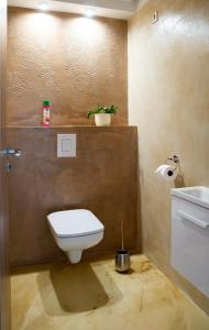 łazienka z toaletą i umywalką w obiekcie Dream Apartman 1 with Free Parking w Győr