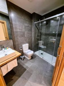 a bathroom with a shower and a toilet and a sink at Suites BERRUETA (Plaza Mayor) in León