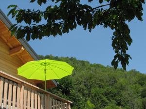 een groene paraplu op de veranda van een huis bij Chalet de l'Infernet in Auris