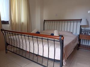 a bedroom with a bed with a metal railing at Faros Beach in Paphos City