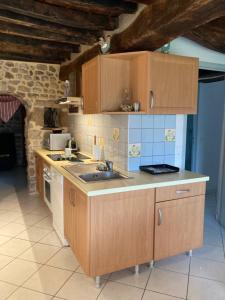 eine Küche mit Holzschränken und einem Waschbecken in der Unterkunft L'Atelier de la Forge La forge in Martigny-le-Comte