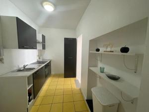 uma pequena cozinha com um lavatório e um balcão em Sofieflat - Wallifolie em Charleroi