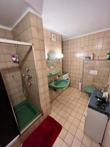uma casa de banho com um lavatório verde e um chuveiro em TOKI`S FERIENDOMIZIL em Bad Säckingen