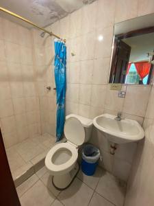 y baño con aseo, lavabo y ducha. en Hostal Maria Mercedes, en Baños