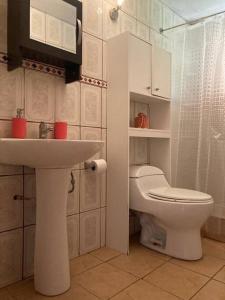 a bathroom with a white toilet and a sink at Casa El Arrebol, sector Saltos del Laja in Cabrero