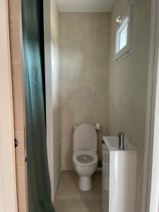 Elle comprend une petite salle de bains pourvue de toilettes et d'une fenêtre. dans l'établissement Appartement lumineux T2 avec terrasse et jardin, à Calvi