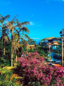 Vistas a un complejo con flores rosas y palmeras en Hibiscus Beach, en Búzios