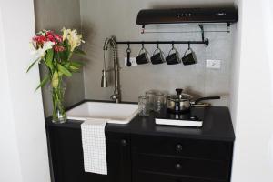 a kitchen with a sink and a vase of flowers at AmazINN Places Rooftop and Jacuzzi V in Panama City