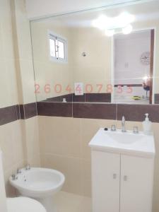 een badkamer met een toilet, een wastafel en een spiegel bij departamentos sebas llanoo san rafael PLENO CENTRO in San Rafael