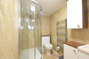 a bathroom with a shower and a toilet and a sink at Dairymaid's Cottage in Amble +8 photos