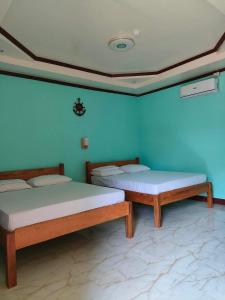 two beds in a room with blue walls at R&D Traveller's Inn in Anda