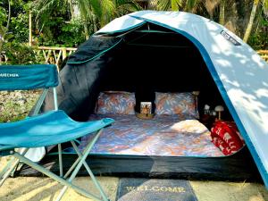 Kākdwīp的住宿－Satrangi Homestay Sundarban，蓝色帐篷 - 带一张床和一把椅子