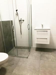uma casa de banho com um chuveiro, um lavatório e um WC. em Apartimento Hydral Magari em Breslávia