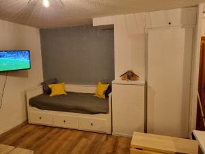 a bedroom with a bed with yellow pillows and a tv at Studio du lac bleu in Morillon