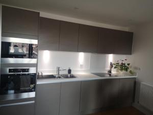 a kitchen with gray cabinets and a sink at Entire Flat - Modern Flat near Canary Wharf in London