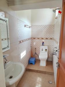 een badkamer met een wastafel, een toilet en een bad bij Kiran Lake Paradise Homestay in Bhīm Tāl