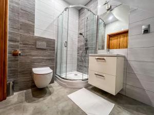 ein Bad mit einer Dusche, einem WC und einem Waschbecken in der Unterkunft Gościniec Smrekowa Chata in Glinka