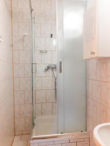a shower with a glass door in a bathroom at Agroturystyka Pod Złotą Wiechą in Uście Gorlickie