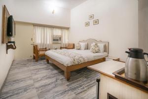 ein Hotelzimmer mit einem Bett und einem TV in der Unterkunft Hotel Chandrawati Palace in Ābu Road