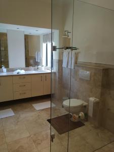 a bathroom with a glass shower and a toilet at Mountain view house 9 Diemersfontein in Wellington
