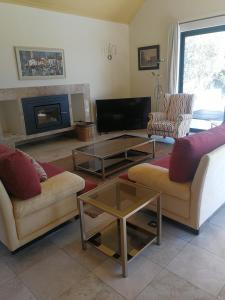 ein Wohnzimmer mit 2 Sofas und einem TV in der Unterkunft Mountain view house 9 Diemersfontein in Wellington