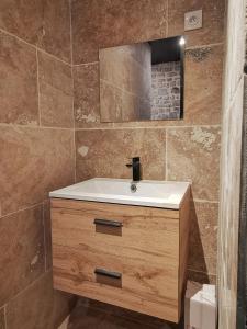 a bathroom with a sink and a mirror at L'appart de Léo et Soso in Bayeux