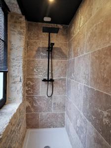 a bathroom with a shower with a stone wall at L'appart de Léo et Soso in Bayeux