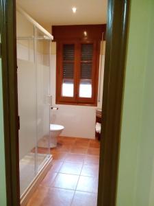 ein Bad mit einem WC und einer Glasdusche in der Unterkunft Mas de l'Assut in Cornudella de Montsant