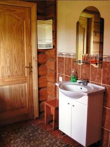 baño con lavabo, espejo y puerta en Pakrasti, en Svente
