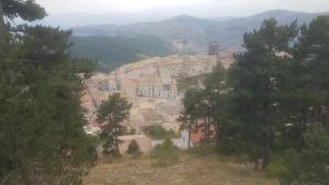 Blick auf eine Stadt von einem Hügel mit Bäumen in der Unterkunft Casa Vacanze in Castel del Monte