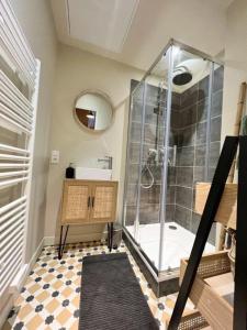 een badkamer met een douche met een glazen wand bij Le boudoir de Clem in Chalon-sur-Saône