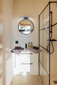 a bathroom with a shower and a mirror at La cabane de la Ferme du Ry in Sorinnes