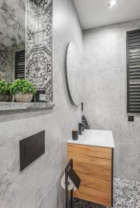 a bathroom with a sink and a mirror at Dusznickie Apartamenty z widokiem in Duszniki Zdrój