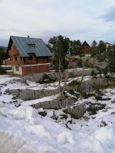 una baita di tronchi con tetto verde nella neve di Studio Montagne à la Pierre St Martin ad Arette