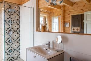 uma casa de banho com um lavatório e um espelho em Kranichglück em Pruchten