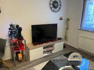 ein Wohnzimmer mit einem Flachbild-TV und einem Weihnachtsbaum in der Unterkunft Halte de la Commanderie in Colmar