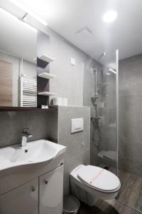 a bathroom with a toilet and a sink and a shower at Hotel Royal in Senta