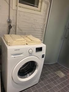 een wasmachine in een badkamer met een raam bij Elegantti studio lähellä Kuusamon keskustaa in Kuusamo