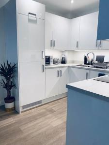 a kitchen with white cabinets and a potted plant at Stunning 1 Bed Luxury Apartment in Erith