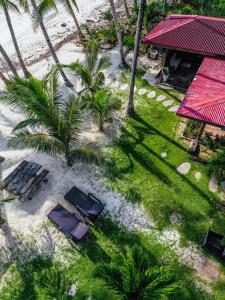 widok na plażę z palmami i krzesłami w obiekcie Charisma Beach Resort w mieście Siquijor