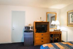 a hotel room with a bed and a tv and a desk at Budget Host Alexandria in Alexandria