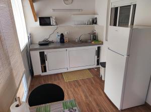 una pequeña cocina con nevera y fregadero en Casita La Gomera, en San Sebastián de la Gomera