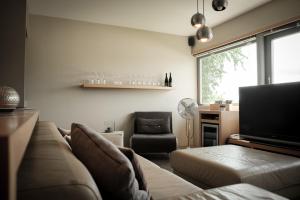 ein Wohnzimmer mit einem Sofa und einem TV in der Unterkunft Gästehaus im Weingut am Stein in Würzburg